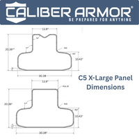 Thumbnail for Technical diagram showing front and back views with detailed measurements of the Caliber Armor CaliberX IIIA Wrap Around Soft Body Armor Panels, including overall width and height, offering lightweight NIJ Level IIIA ballistic protection.