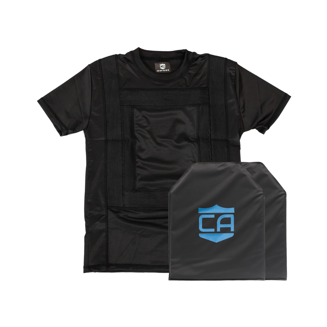 Black t-shirt and black soft armor panels with a "CA" logo on a white background