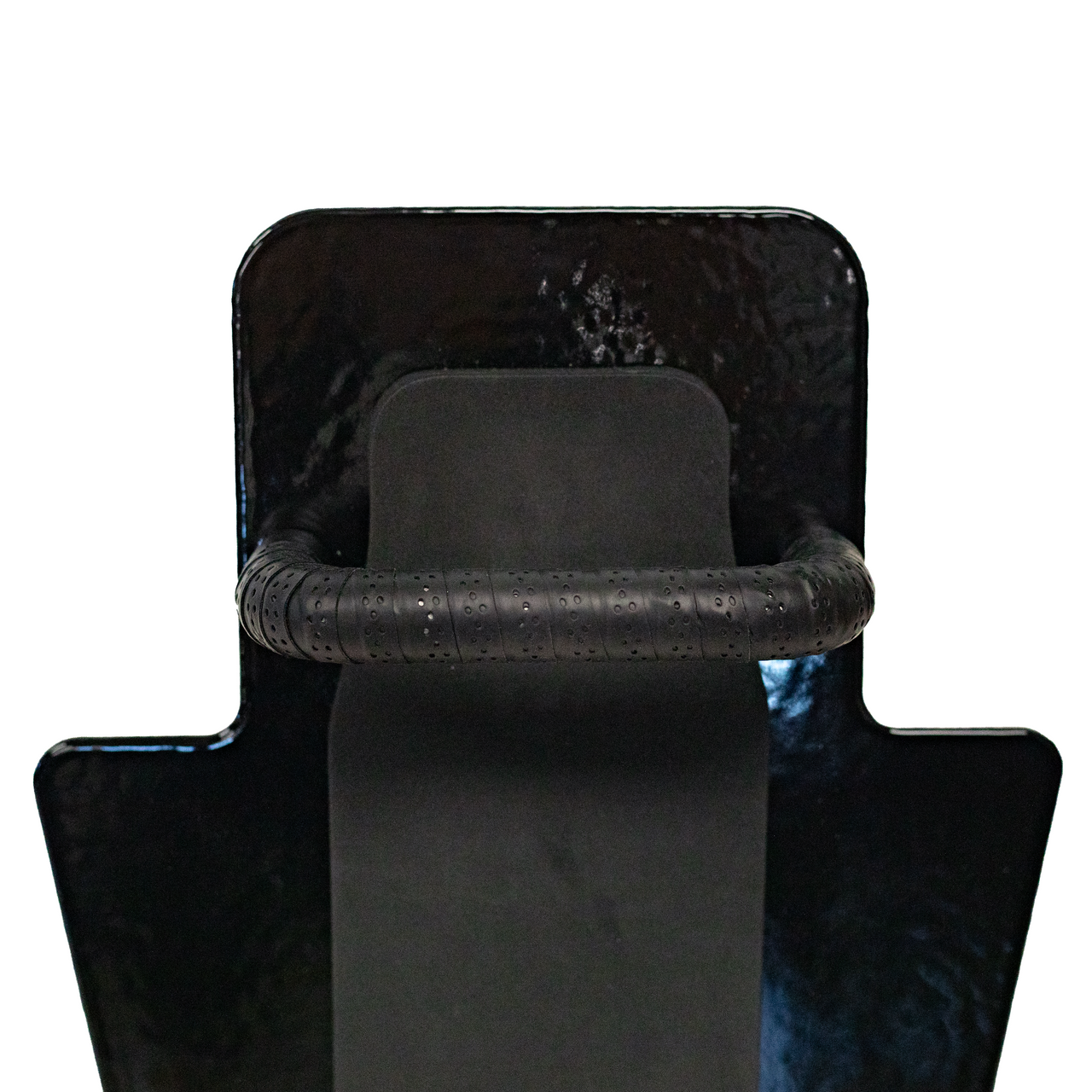 Up close view of black 12" x 18" Caliber Armor Pistol rated Level IIIA HG2 Ballistic Shield with value line handle & black padded armrest on a white background