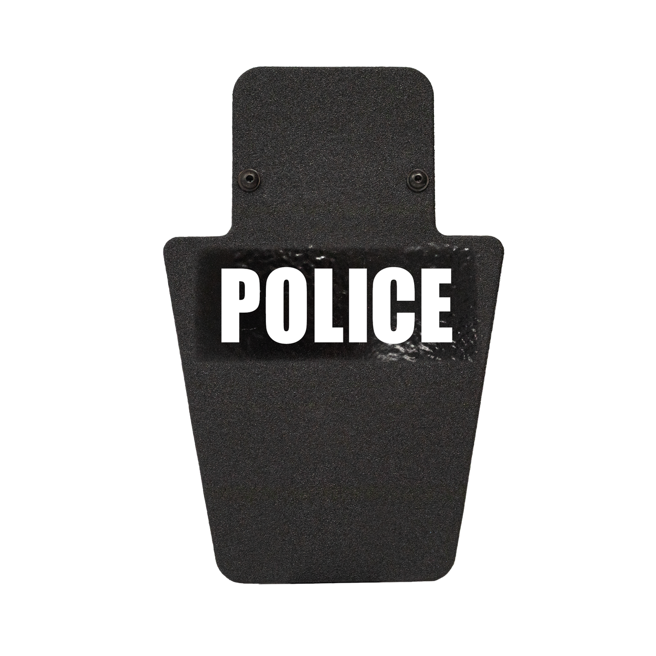 Front of black 12" x 18" Caliber Armor Pistol rated Level IIIA HG2 Ballistic Shield with VL handle with "police" logo on a white background
