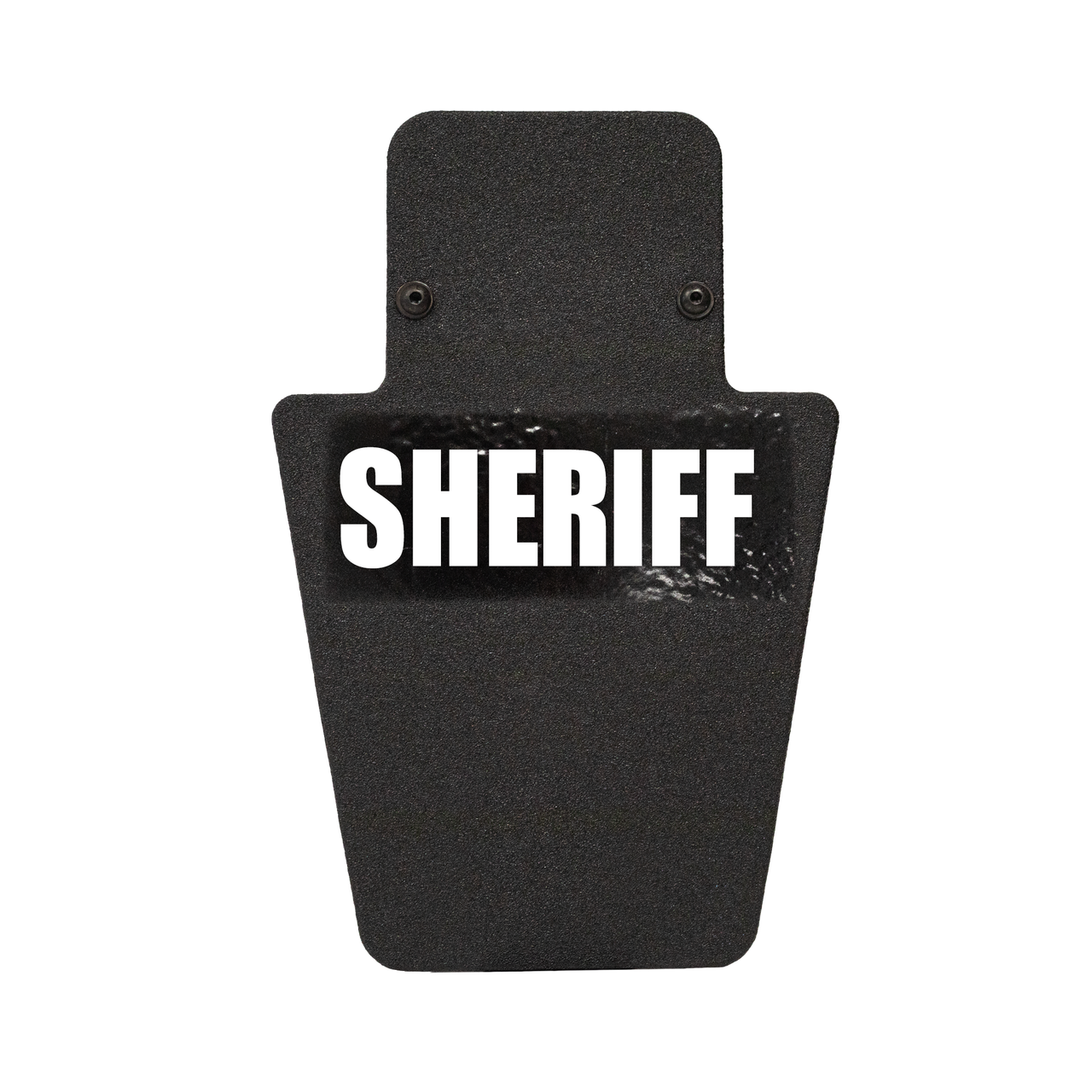 Front of black 12" x 18" Caliber Armor Pistol rated Level IIIA HG2 Ballistic Shield with VL handle with Sheriff logo on a white background