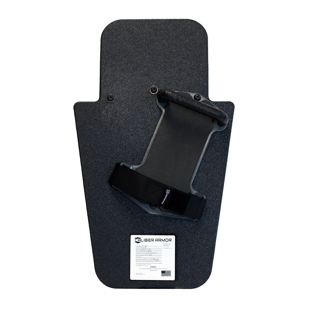 Backside of black 15" x 25" Caliber Armor Pistol rated Level IIIA HG2 Ballistic Shield with three position handle setup for left handed use on a white background