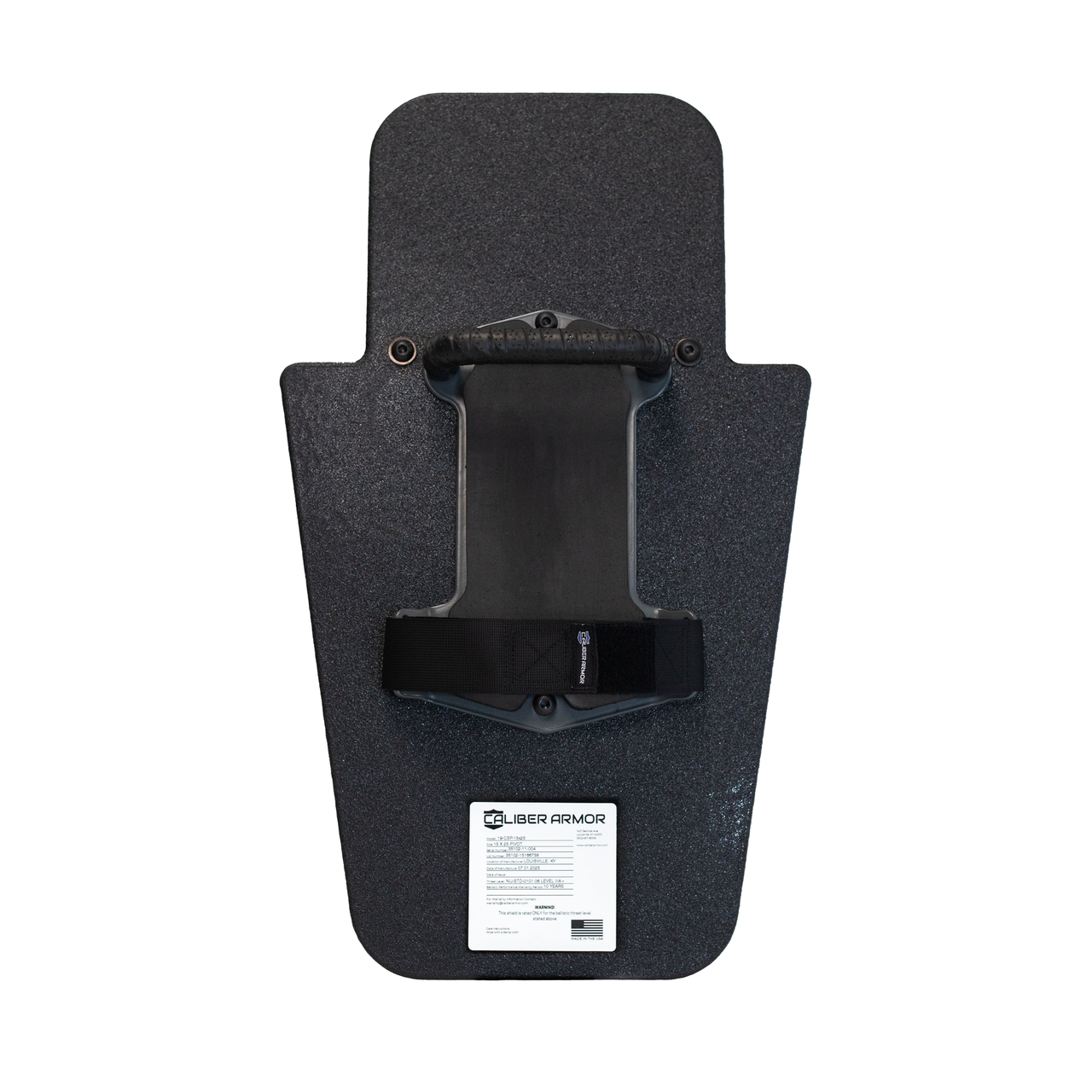 Backside of black 15" x 25" Caliber Armor Pistol rated Level IIIA HG2 Ballistic Shield with three position handle setup with handle in the center position on a white background