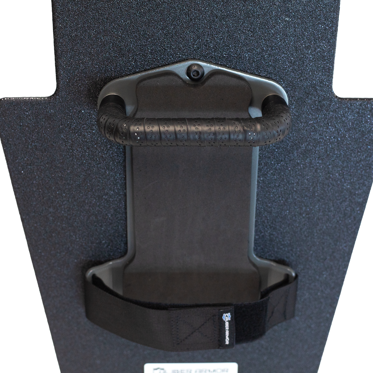 Up close view of black 15" x 25" Caliber Armor Pistol rated Level IIIA HG2 Ballistic Shield with fixed streamlined handle in the center on a white background