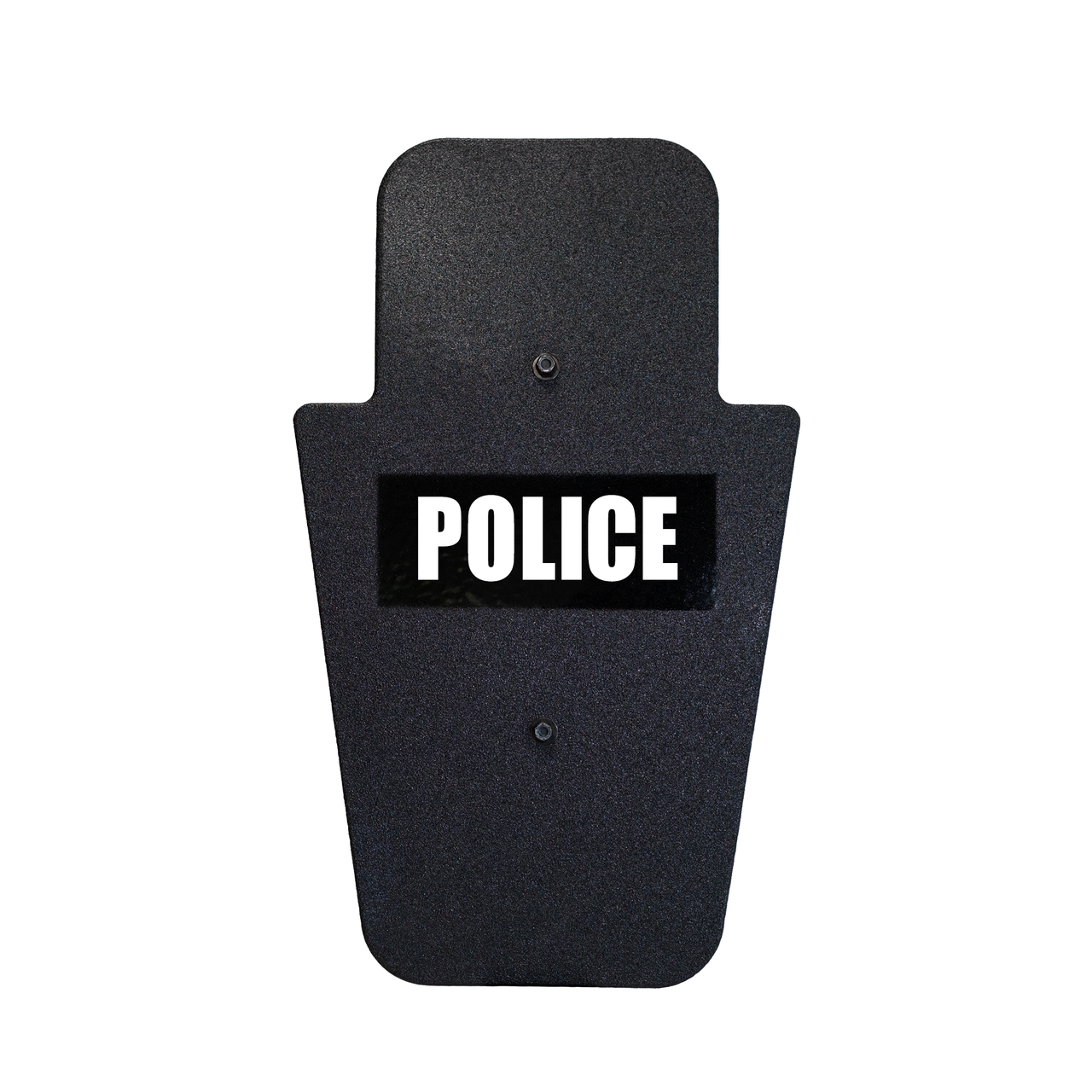 Front of black 15" x 25" Caliber Armor Pistol rated Level IIIA HG2 Ballistic Shield with fixed handle in the center & white text "police" on a white background