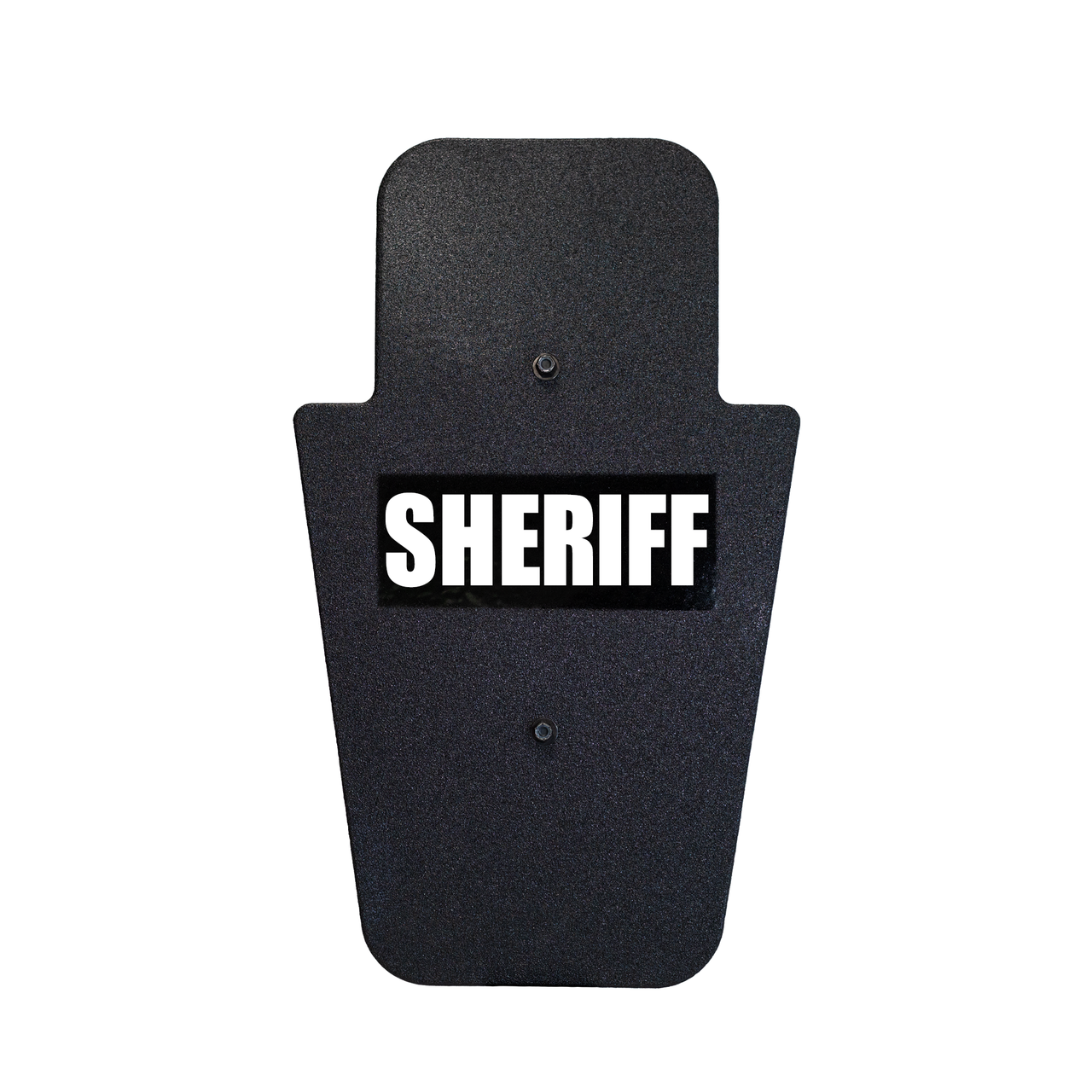 Front of black 15" x 25" Caliber Armor Pistol rated Level IIIA HG2 Ballistic Shield with fixed handle in the center & white text "sheriff" on a white background