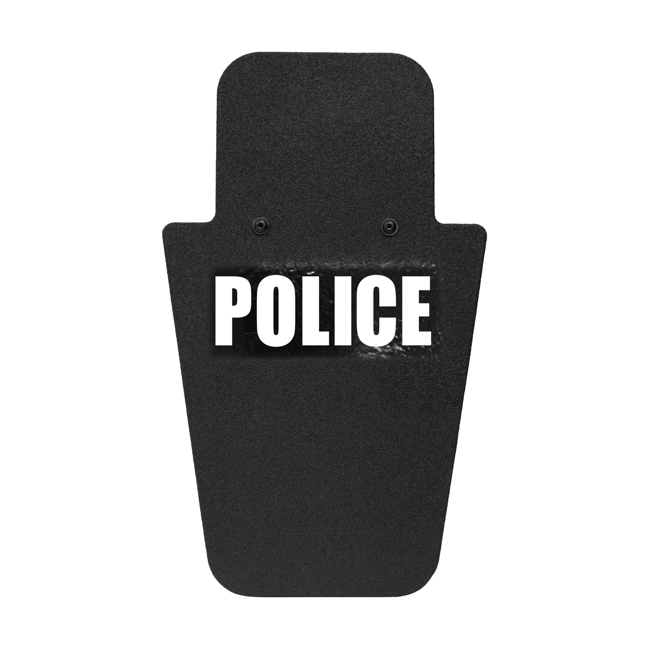 Front of black 15" x 25" Caliber Armor Pistol rated Level IIIA HG2 Ballistic Shield with fixed value line handle in the center & text of "police" in white on a white background