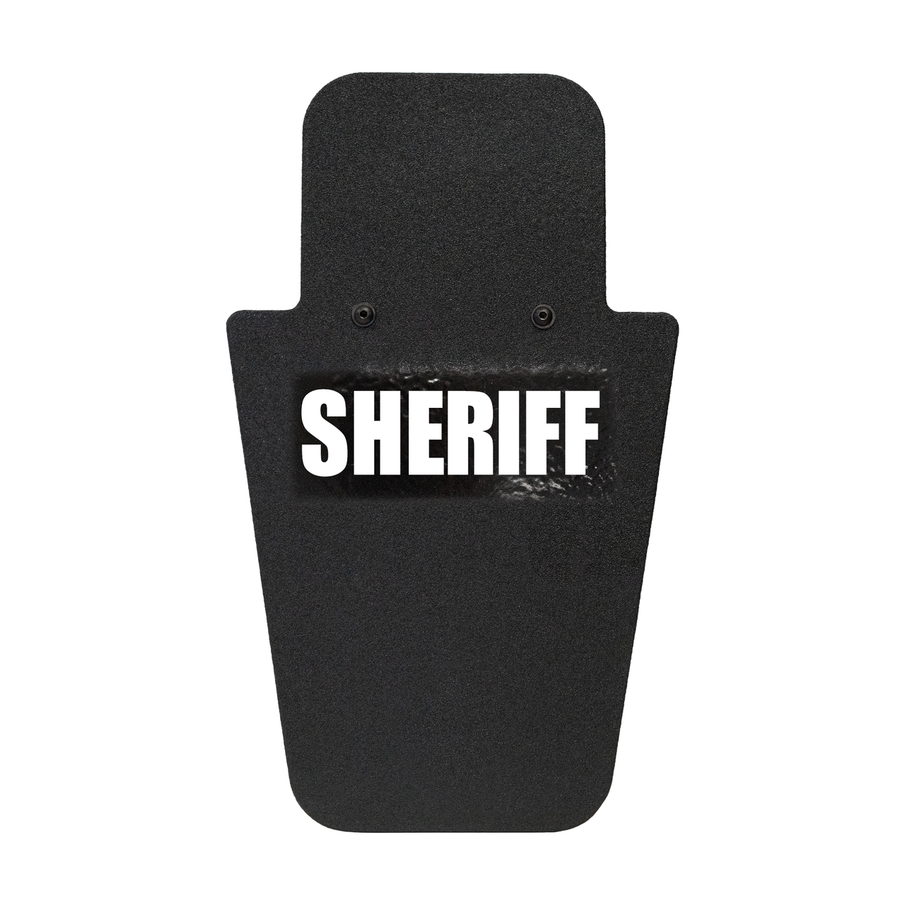 Front of black 15" x 25" Caliber Armor Pistol rated Level IIIA HG2 Ballistic Shield with fixed value line handle in the center & text of "sheriff" in white on a white background