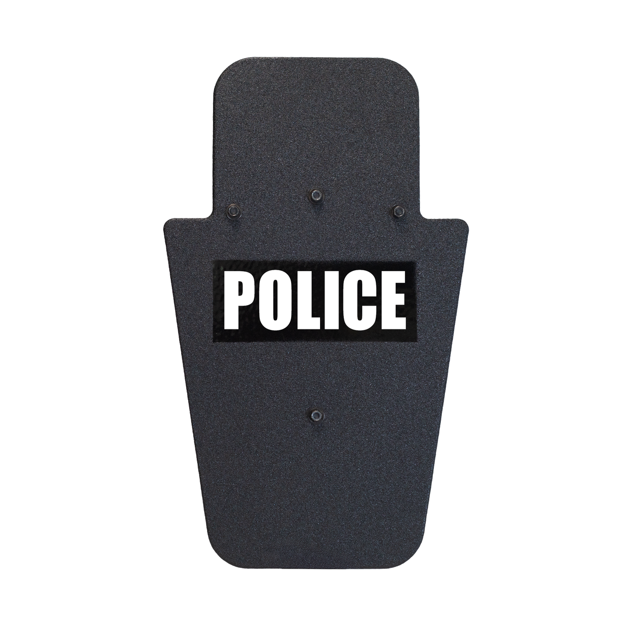 Front of black 15" x 25" Caliber Armor Pistol rated Level IIIA HG2 Ballistic Shield with pivoting handle with Police logo on a white background