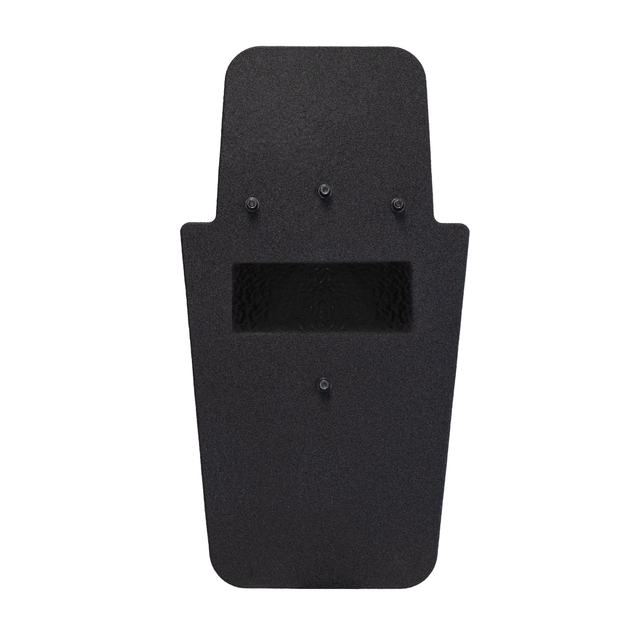 Front of a black 16" x 30" Caliber Armor Pistol rated Level IIIA HG2 Ballistic Shield with pivoting handle on a white background