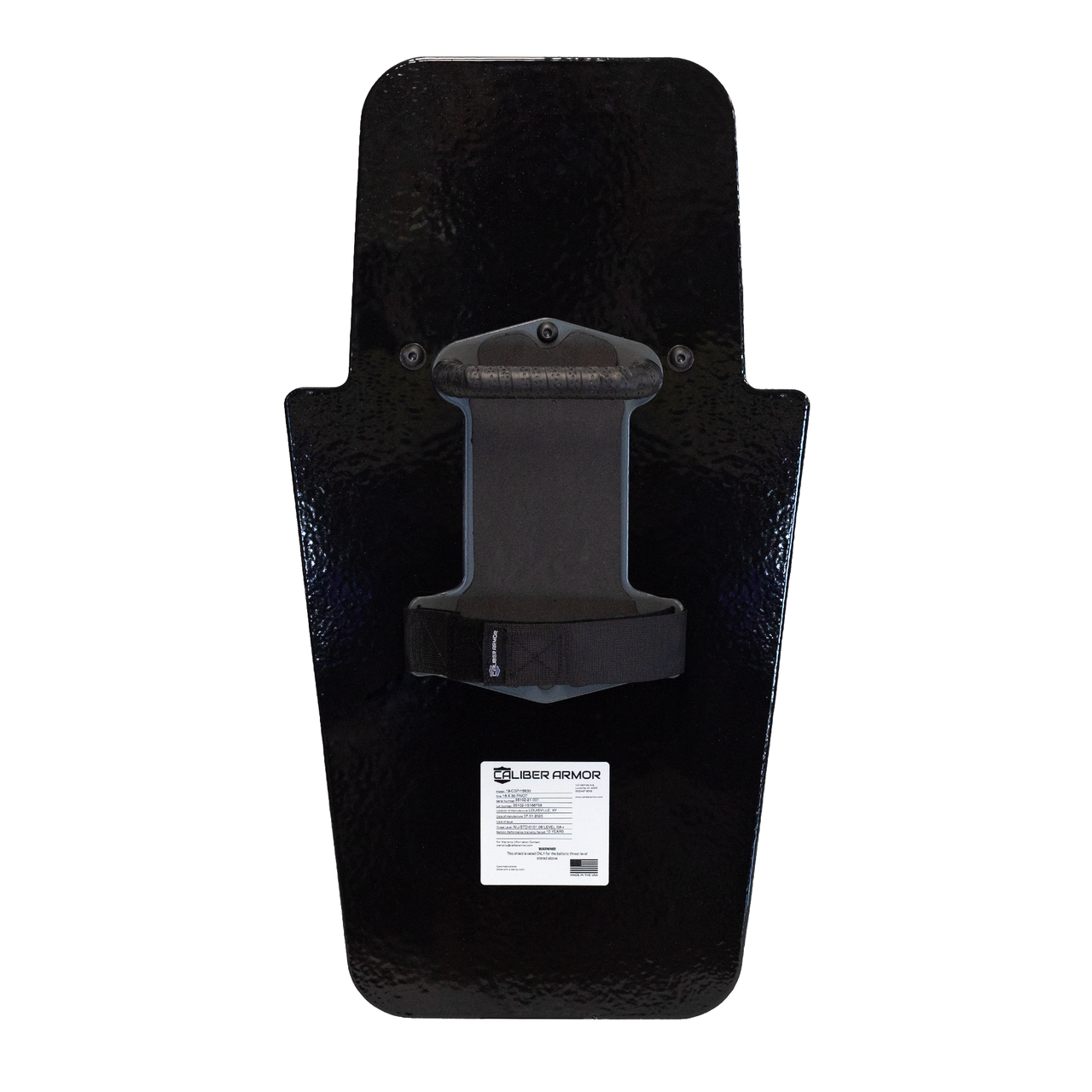 Backside of black 16" x 30" Caliber Armor Pistol rated Level IIIA HG2 Ballistic Shield with three position handle in the center position on a white background
