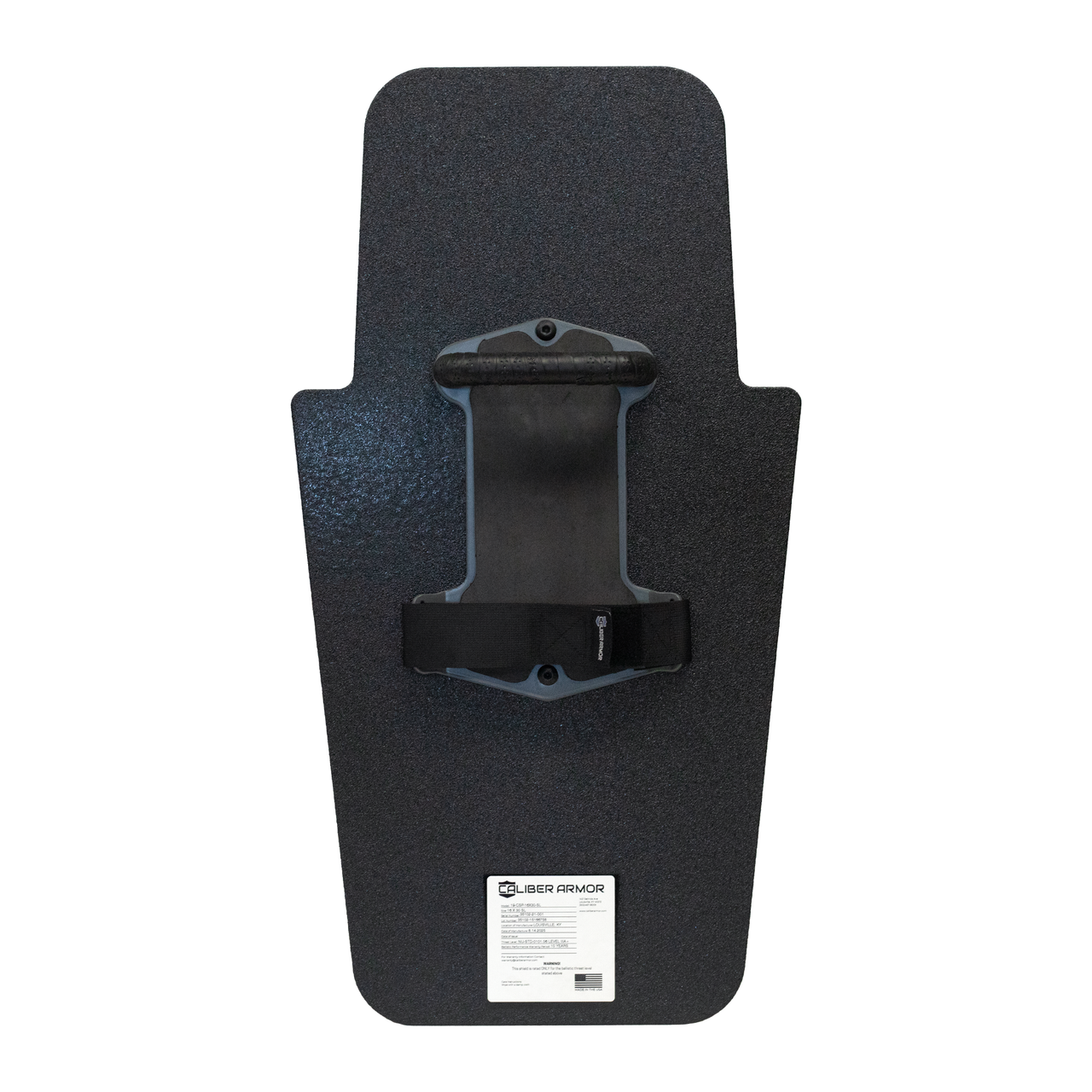Backside view of black 16" x 30" Caliber Armor Pistol rated Level IIIA HG2 Ballistic Shield with fixed streamlined handle in the center, padded armrest, & quick release strap on a white background