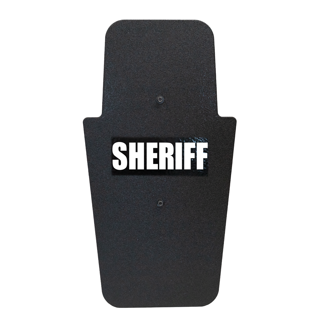 Front of black 16" x 30" Caliber Armor Pistol rated Level IIIA HG2 Ballistic Shield with fixed handle in the center & white text "sheriff" on a white background