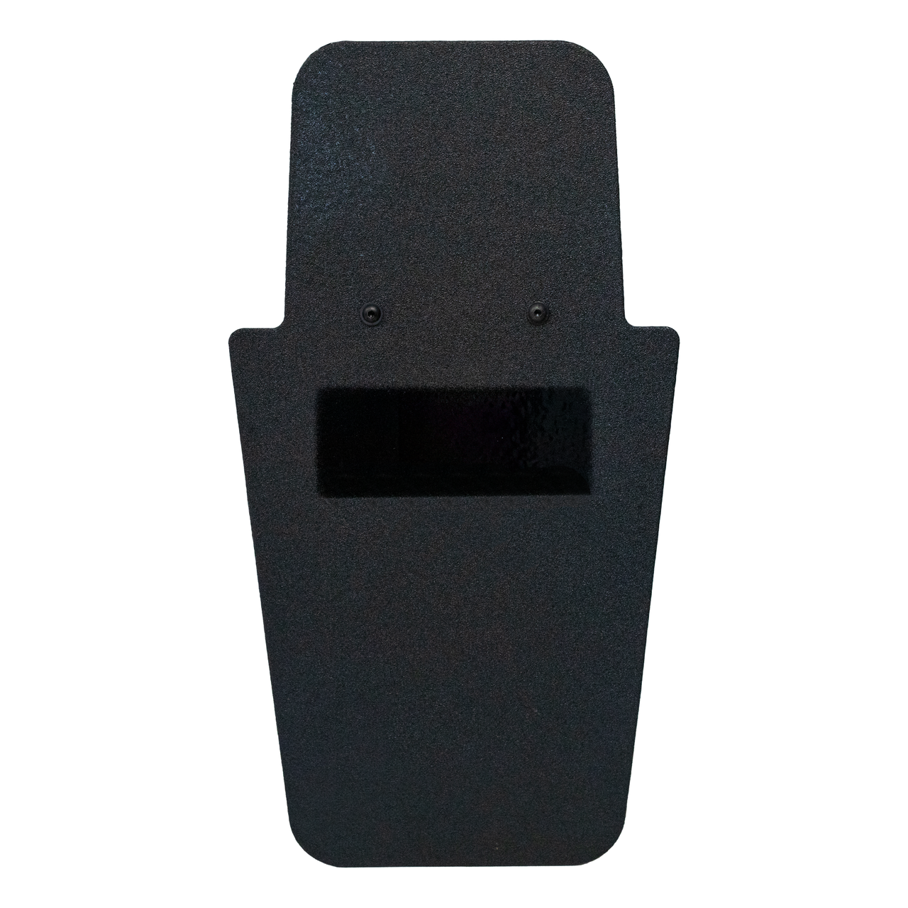 Front of black 16" x 30" Caliber Armor Pistol rated Level IIIA HG2 Ballistic Shield with fixed value line handle in the center on a white background