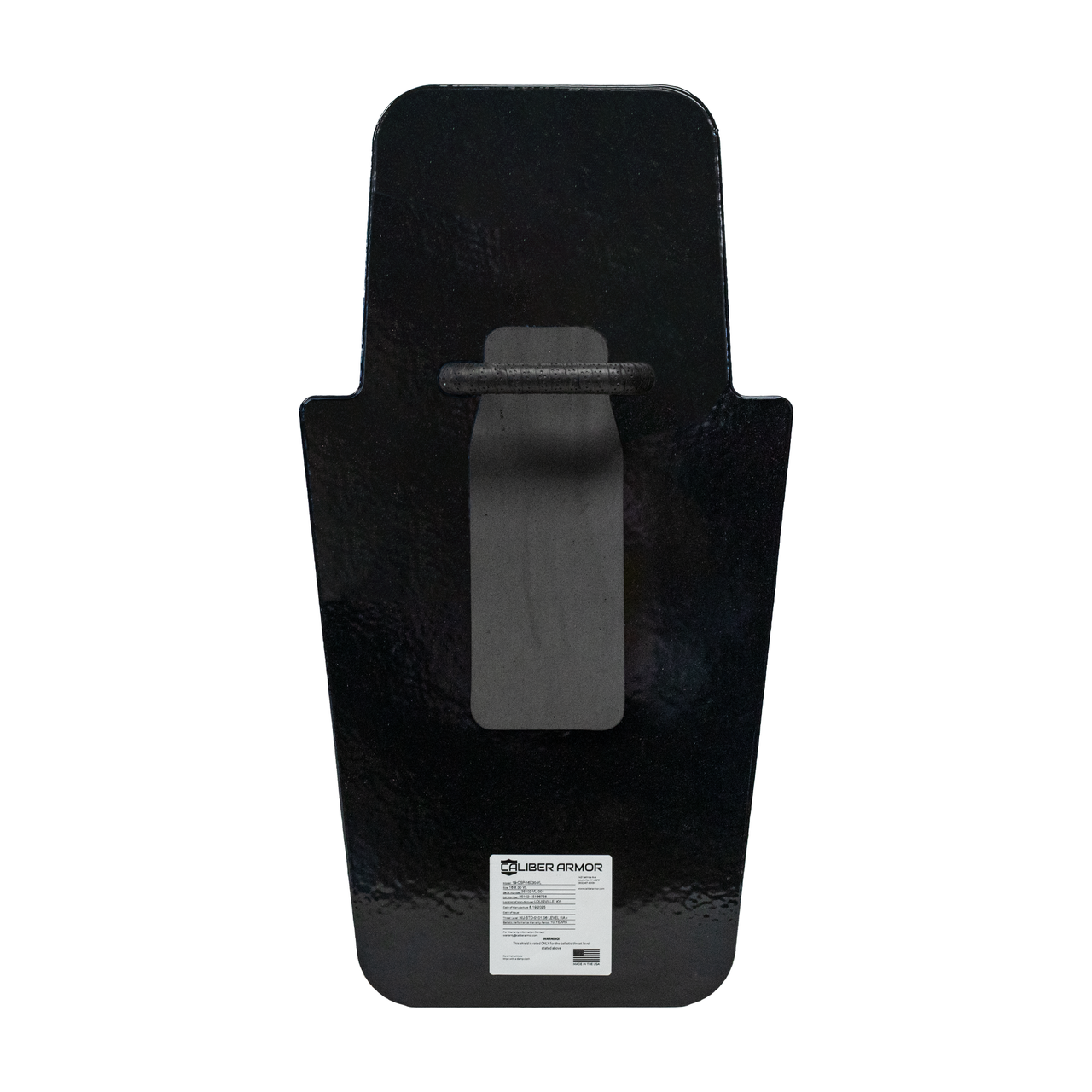 Back of black 16" x 30" Caliber Armor Pistol rated Level IIIA HG2 Ballistic Shield with fixed value line handle & padded armrest in the center on a white background