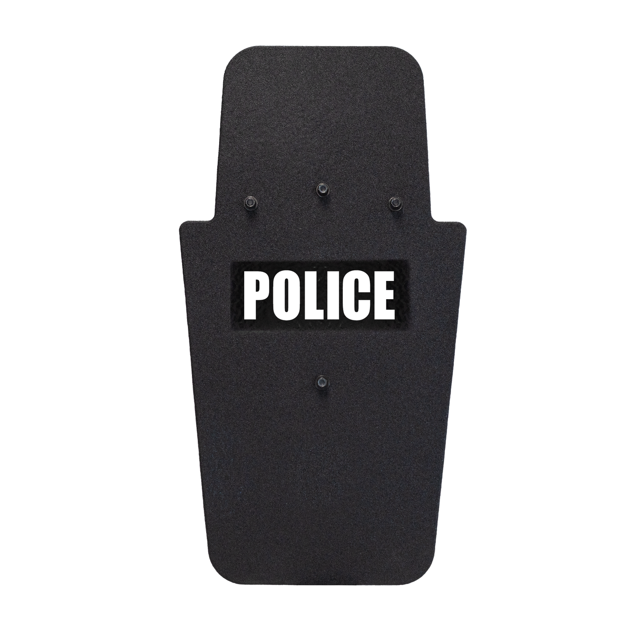 Front of a black 16" x 30" Caliber Armor Pistol rated Level IIIA HG2 Ballistic Shield with pivoting handle with Police text on a white background