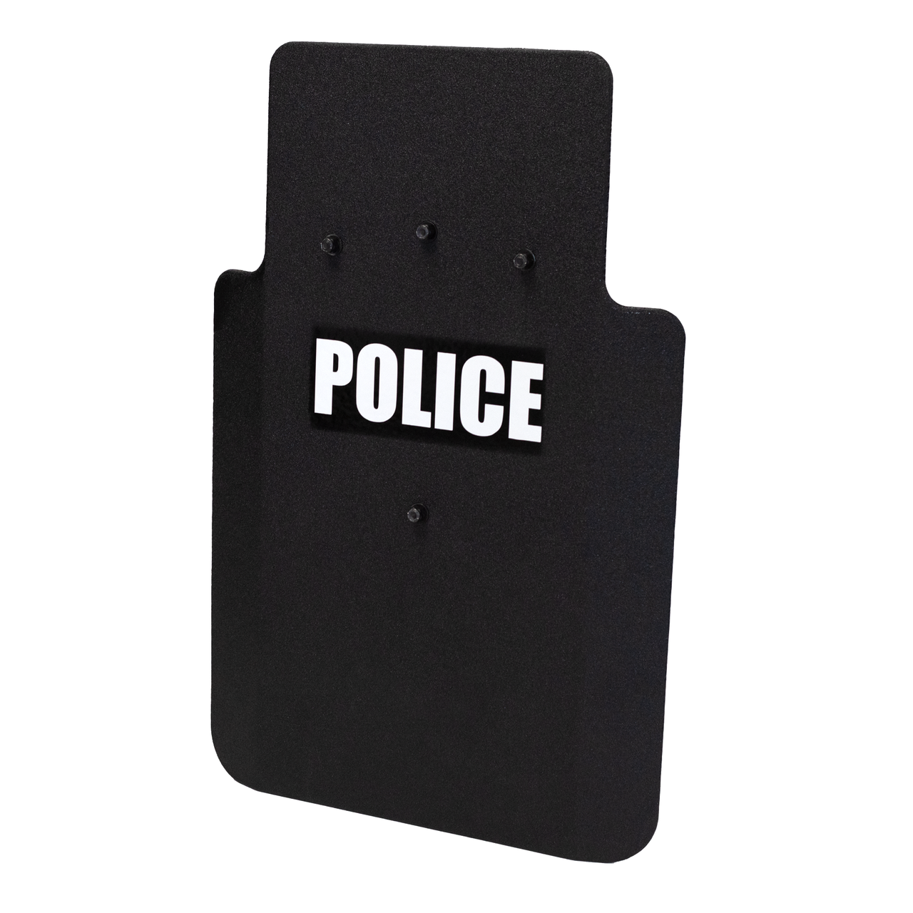 Black police ballistic shield with 'POLICE' text on a white background