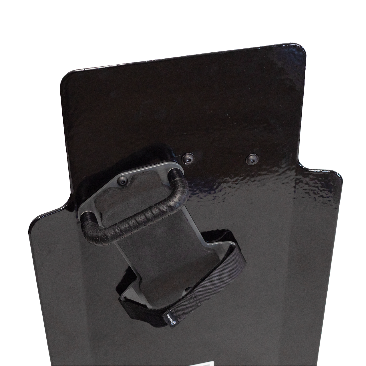 Upclose view of back of black 20" x 30" Caliber Armor Pistol rated Level IIIA HG2 Ballistic Shield with three position handled, padded armrest & quick release strap on a white background