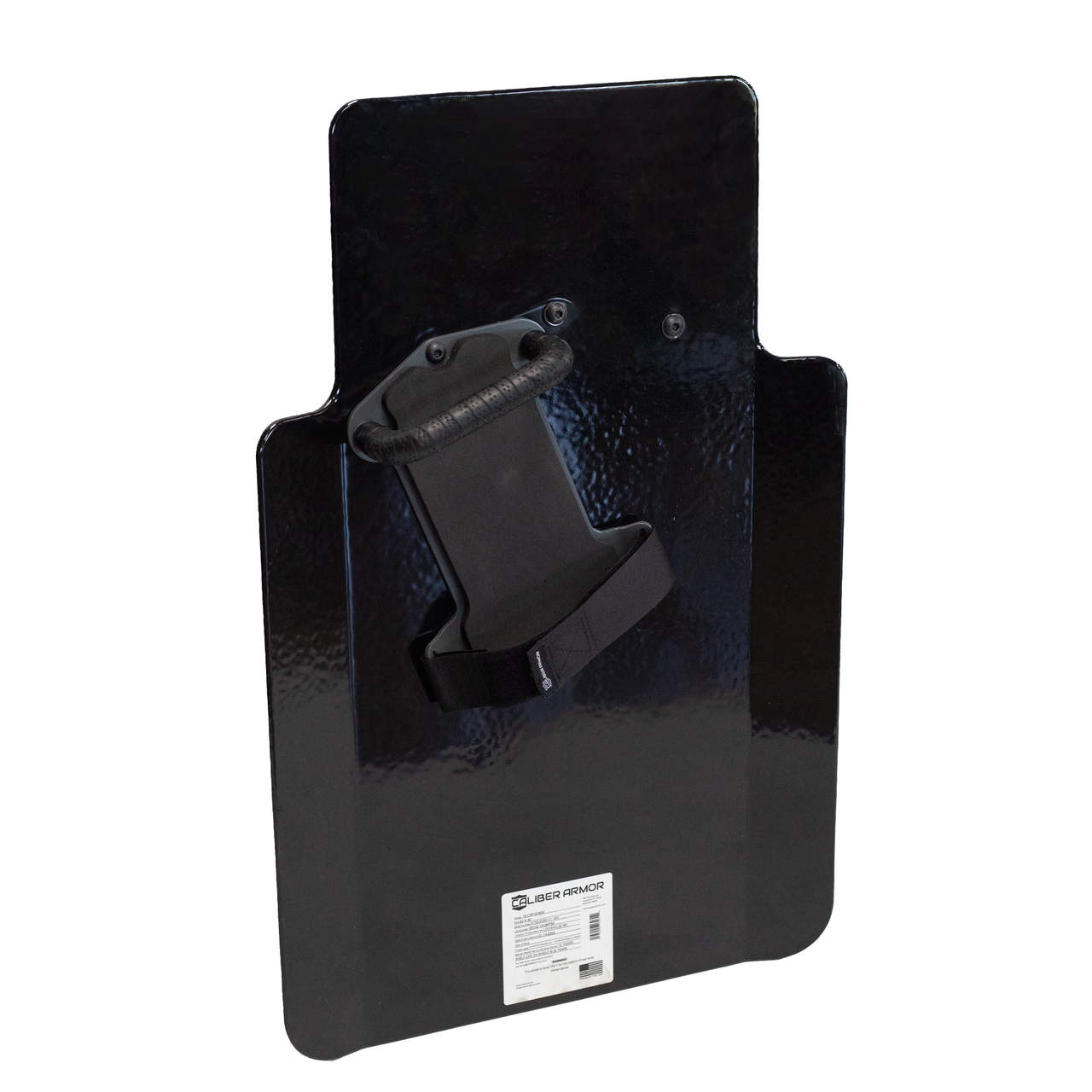 Back of black 20" x 30" Caliber Armor Pistol rated Level IIIA HG2 Ballistic Shield with three position handled, setup for right handed use for left handed shooter, padded armrest & quick release strap on a white background
