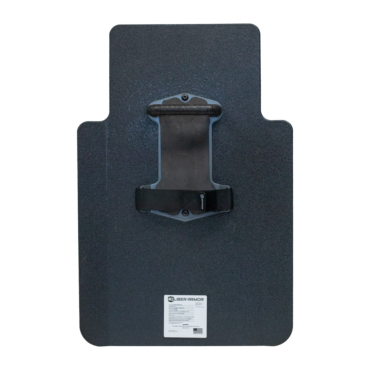 Backside view of black 20" x 30" Caliber Armor Pistol rated Level IIIA HG2 Ballistic Shield with fixed streamlined handle in the center, padded armrest & quick release strap on a white background