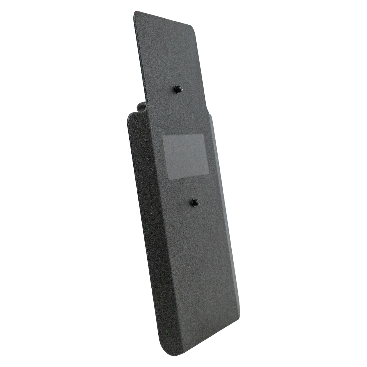 Side view of black 20" x 30" Caliber Armor Pistol rated Level IIIA HG2 Ballistic Shield with fixed streamlined handle in the center on a white background