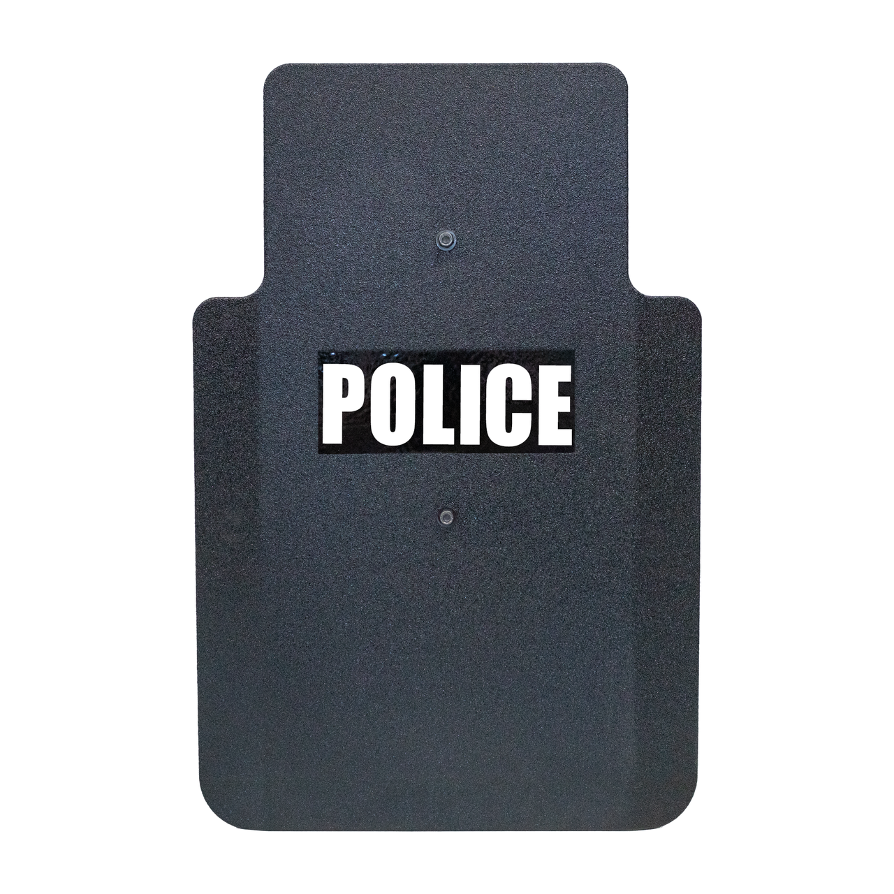 Front of black 20" x 30" Caliber Armor Pistol rated Level IIIA HG2 Ballistic Shield with fixed streamlined handle in the center , text of "police" in white on a white background