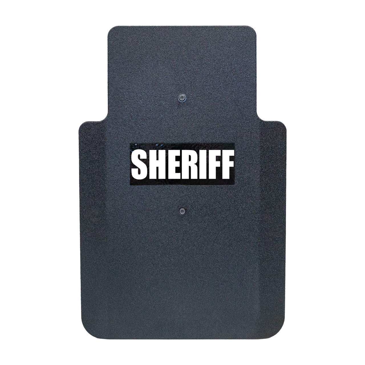 Front of black 20" x 30" Caliber Armor Pistol rated Level IIIA HG2 Ballistic Shield with fixed streamlined handle in the center , text of "sheriff" in white on a white background