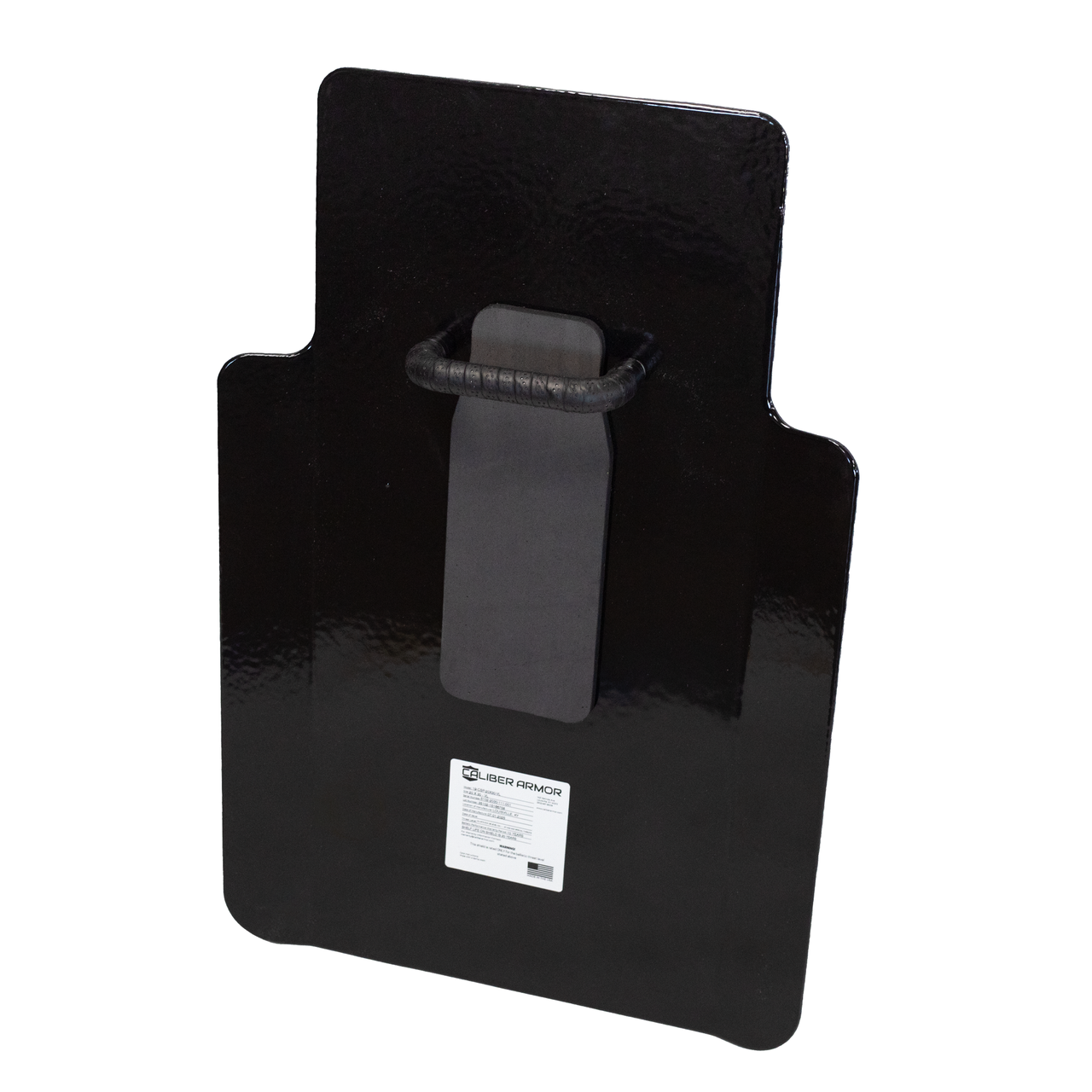 Back of black 20" x 30" Caliber Armor Pistol rated Level IIIA HG2 Ballistic Shield with center mounted value line handle & padded armrest on a white background