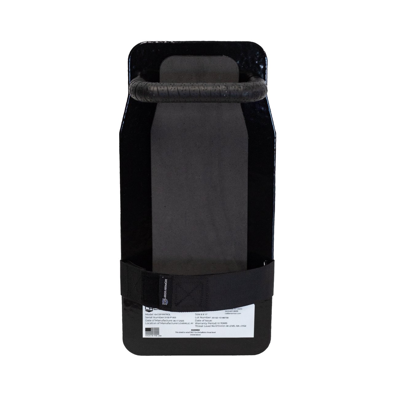 Back view of black 8" x 17" Caliber Armor Pistol rated NIJ HG2 Ballistic Shield with handle, padded armrest, & retension strap on a white background