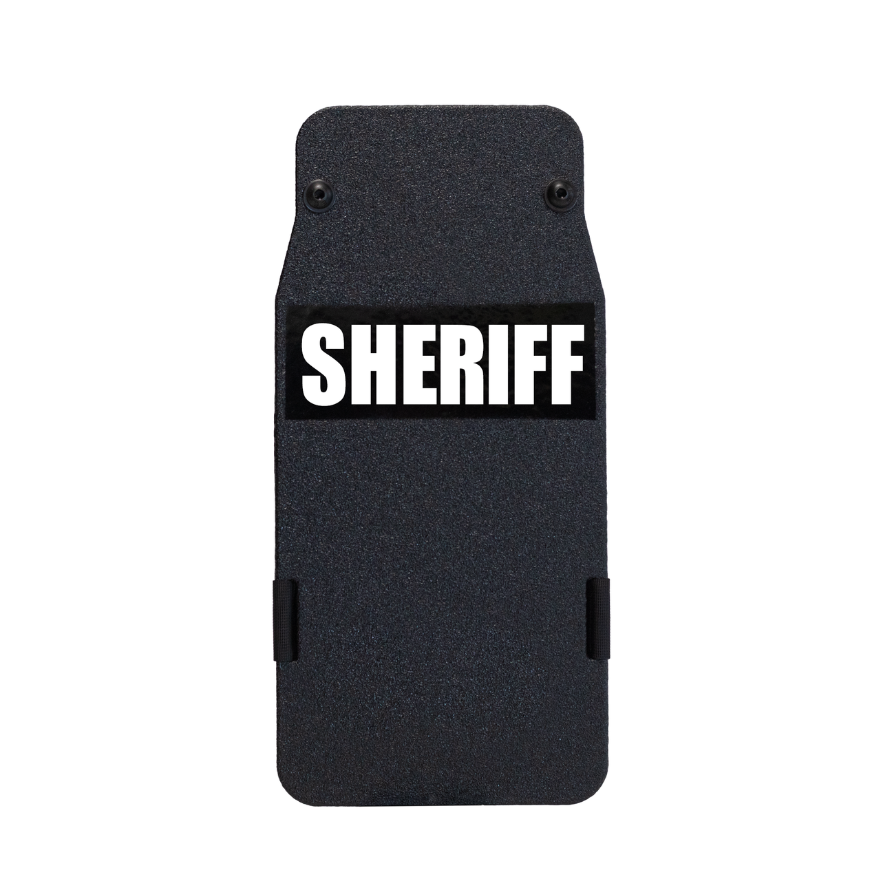 Black 8" x 17" Caliber Armor Pistol rated Level IIIA HG2 Ballistic Shield with the text "Sheriff" written in white words
