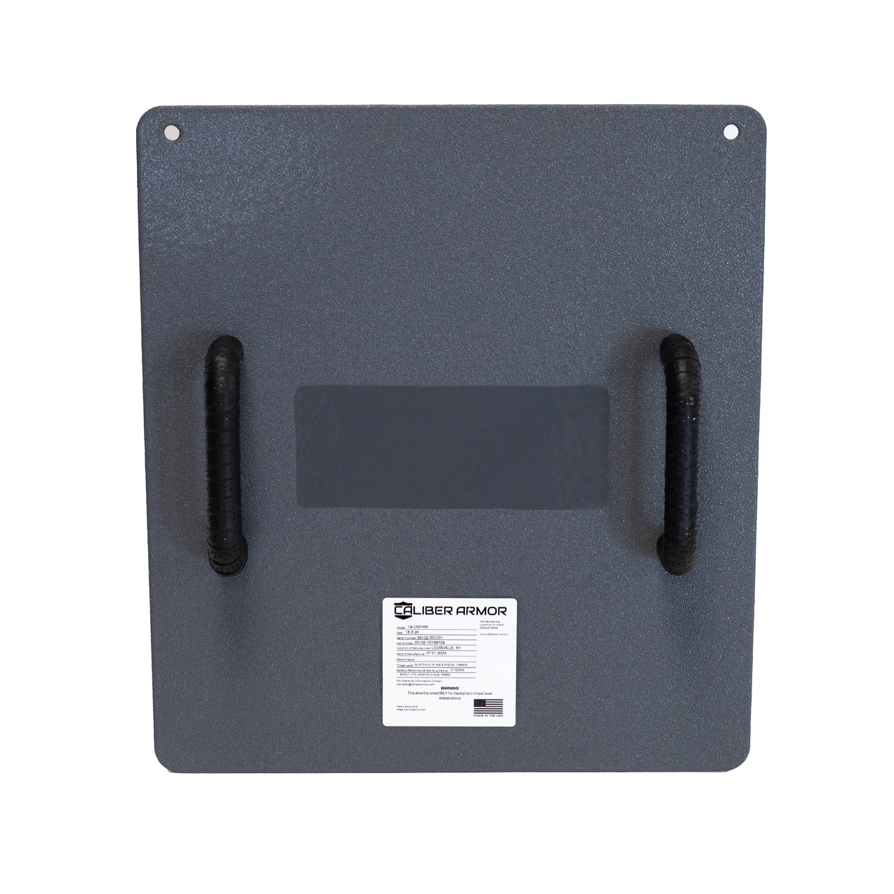 Backside of gray 18" x 20" Caliber Armor Pistol rated Level IIIA HG2 Ballistic Shield with dual handles for schools, places of worship & law enforcement on a white background