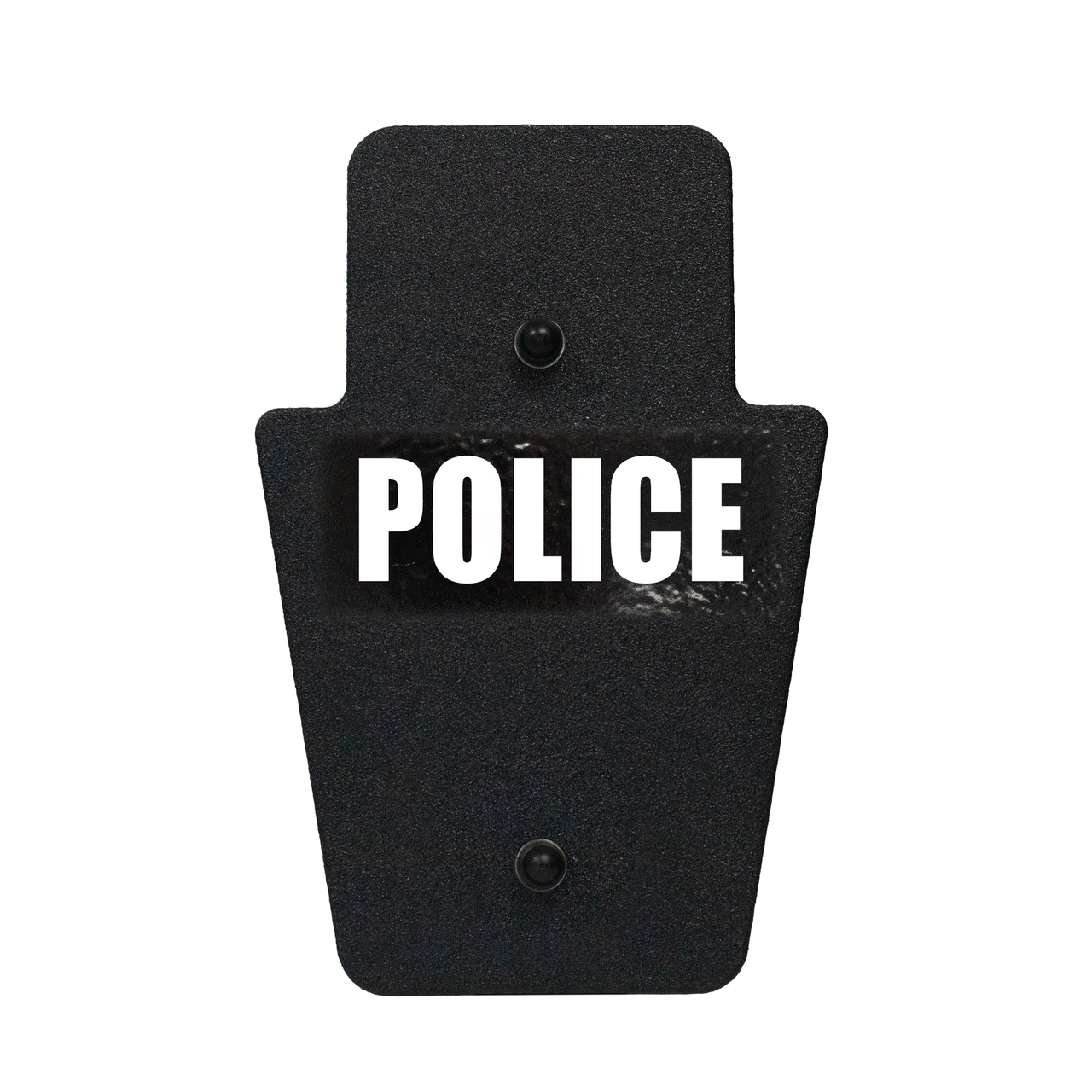 Front of black 12" x 18" Caliber Armor Rifle rated Level III+ RF2 Ballistic Shield with SL handle with Police logo on a white background