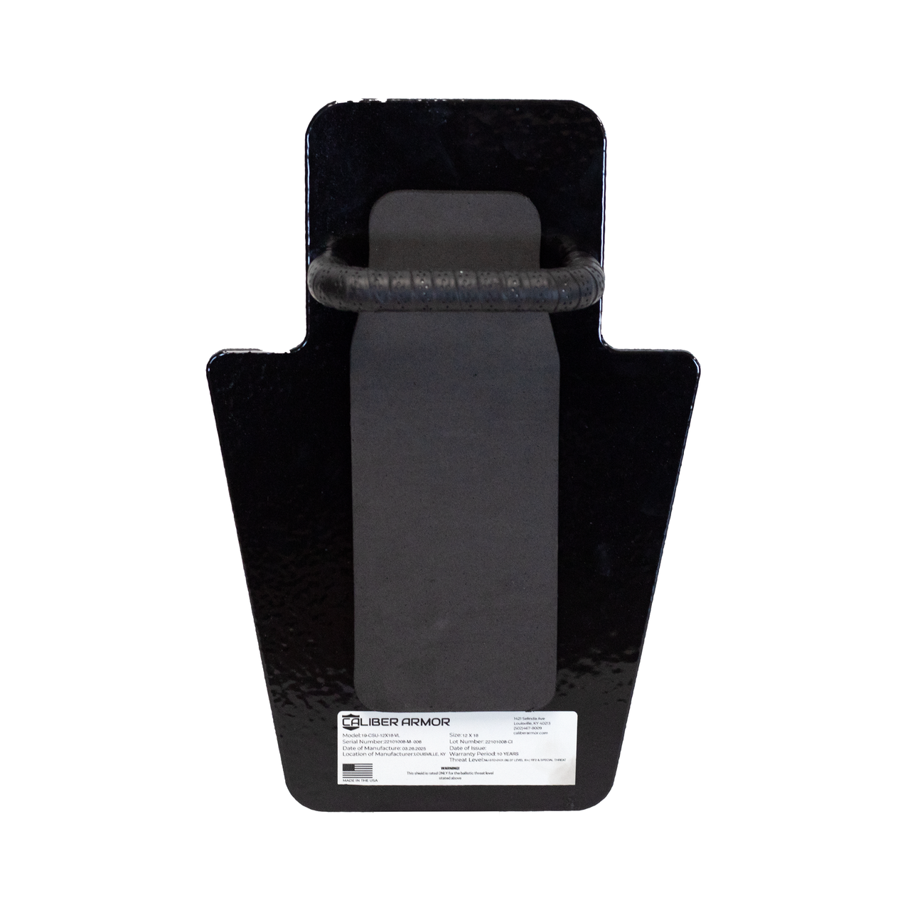 Caliber Armor ULTRA Series III+ RF2 Shield 12X18 VL MINI: black steel ballistic body armor plate with a central handle and white bottom label, photographed against a white background. Brand: Caliber Armor.