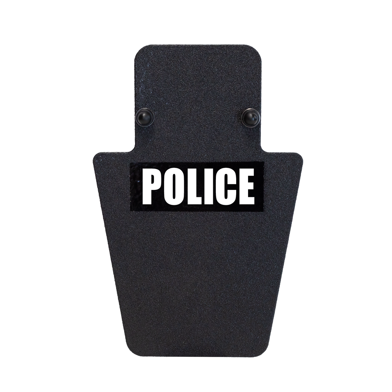The Caliber Armor ULTRA Series III+ RF2 Shield 12X18 VL MINI is a black ballistic shield with "POLICE" in bold white letters, designed by Caliber Armor to provide rifle protection during tactical operations.