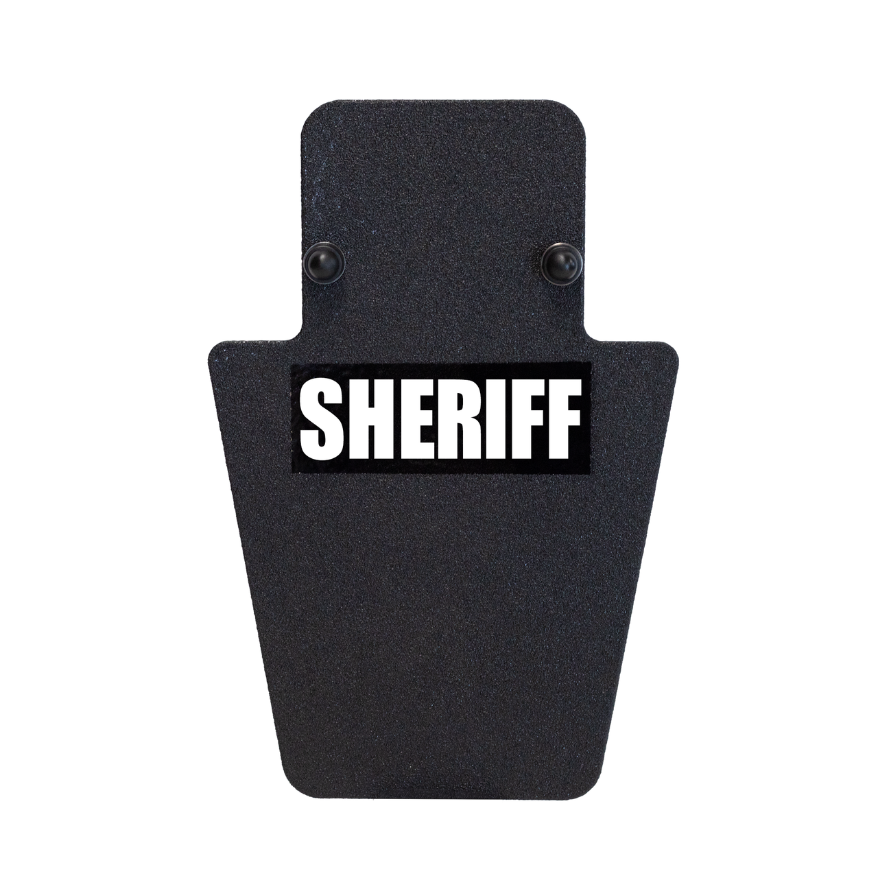 The Caliber Armor ULTRA Series III+ RF2 Shield 12X18 VL MINI by Caliber Armor is a black tactical shield with a rectangular "SHERIFF" patch in bold white letters, offering rifle-rated protection for high-risk operations.