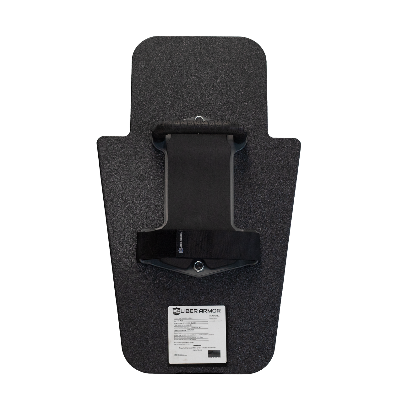 Backside of black 15" x 25" Caliber Armor Rifle rated Level III+ RF2 Ballistic Shield with center mounted fixed SL handle on a white background
