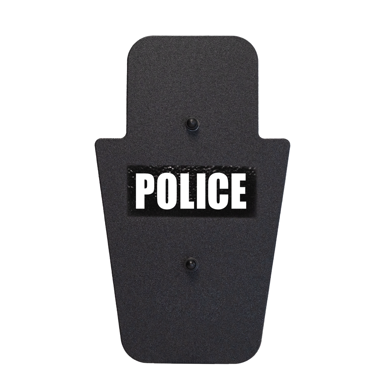 Front of black 15" x 25" Caliber Armor Rifle rated Level III+ RF2 Ballistic Shield with fixed SL handle in the center & text of "police" in white on a white background