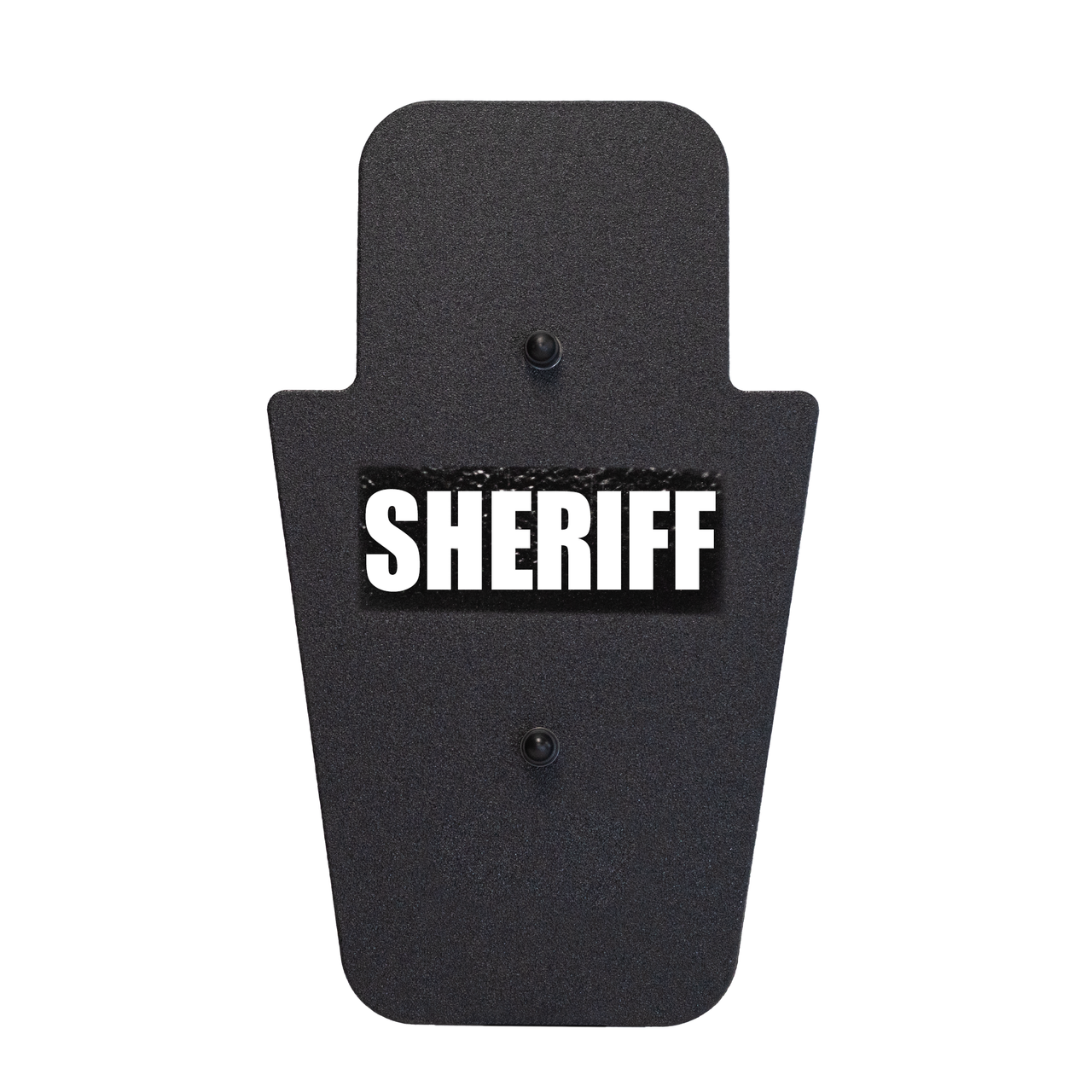 Front of black 15" x 25" Caliber Armor Rifle rated Level III+ RF2 Ballistic Shield with fixed streamlined handle in the center & text of "sheriff" in white on a white background
