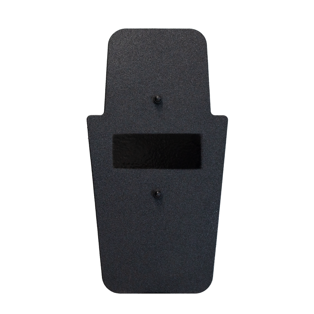 Front of a black 16" x 30" Caliber Armor Rifle rated Level III+ RF2 Ballistic Shield with fixed center handle on a white background
