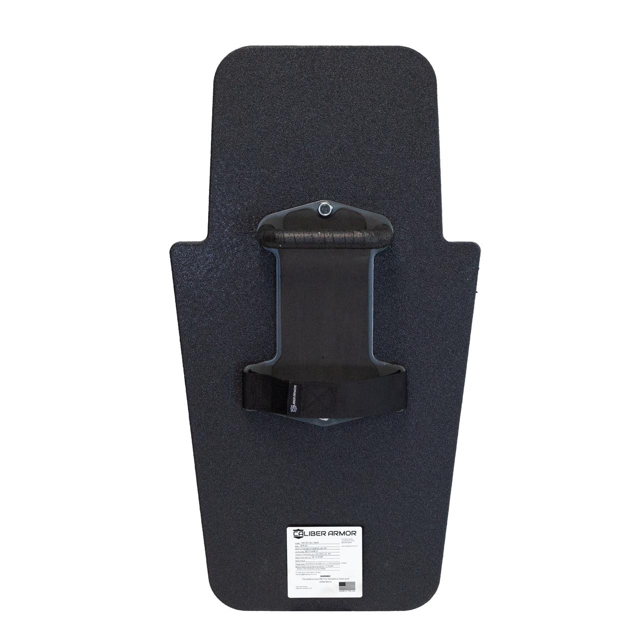 Backside of black 16" x 30" Caliber Armor Rifle rated Level III+ RF2 Ballistic Shield with center mounted fixed SL handle on a white background