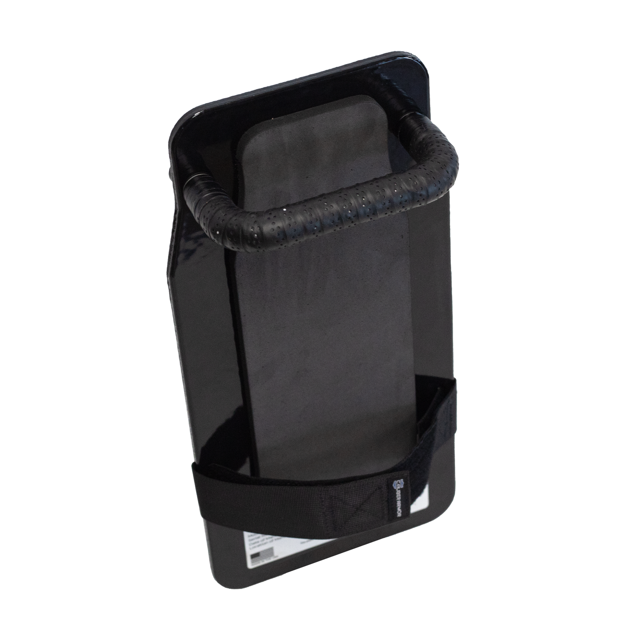 Angled Back view of black 8" x 17" Caliber Armor Rifle rated Level III+ RF2 Ballistic Shield with handle padded armrest & forearm strap on a white background