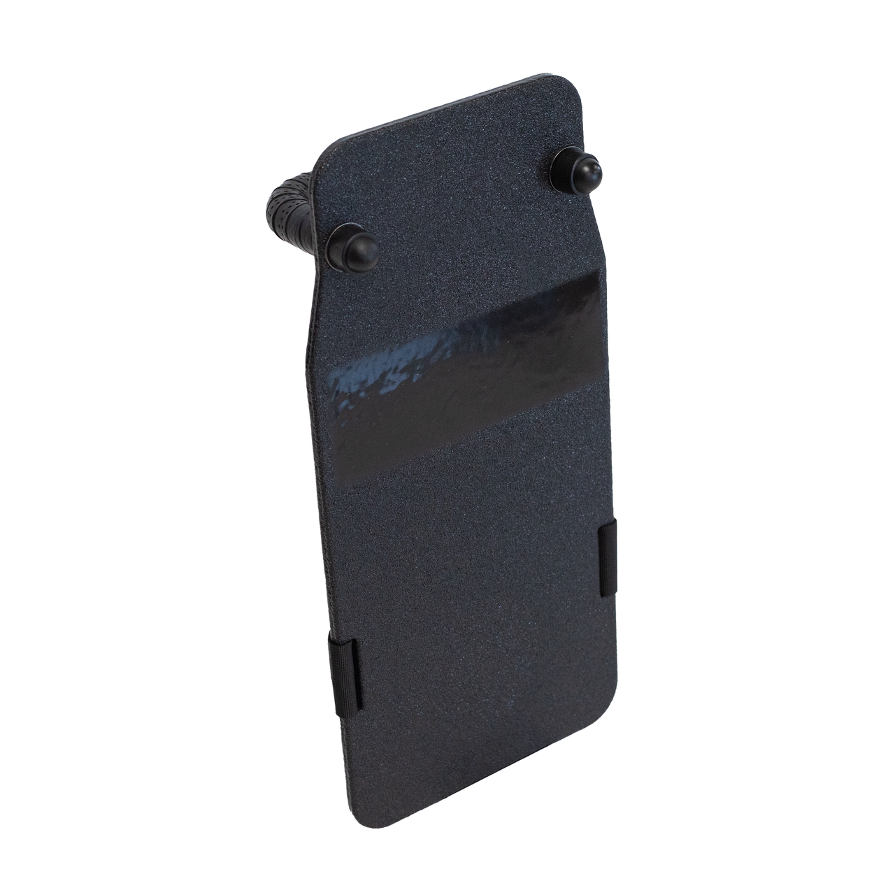 Angled front view of black 8" x 17" Caliber Armor Rifle rated Level III+ RF2 Ballistic Shield with ballistic hardware caps on a white background