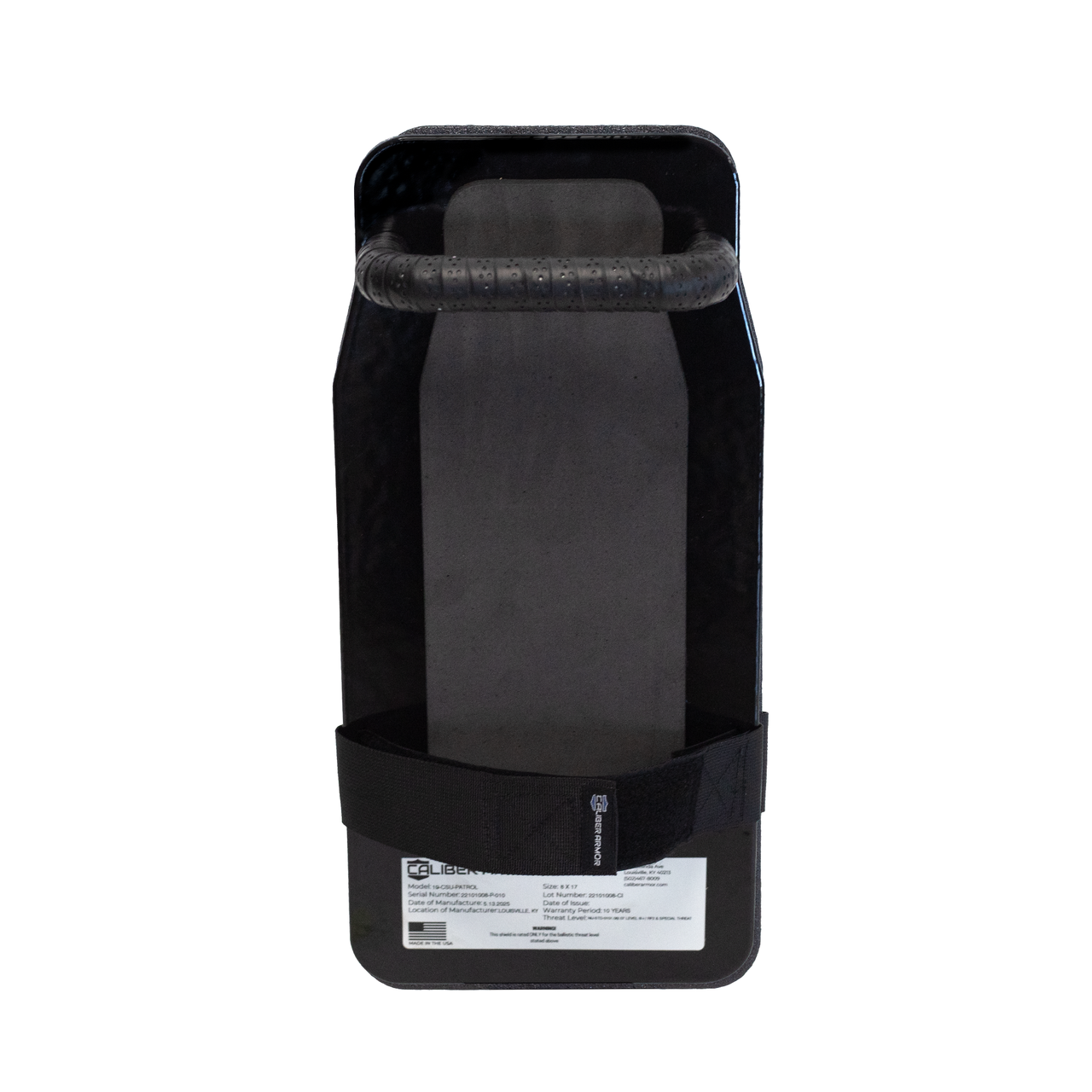 Back view of black 8" x 17" Caliber Armor Rifle rated Level III+ RF2 Ballistic Shield with handle padded armrest & forearm strap on a white background