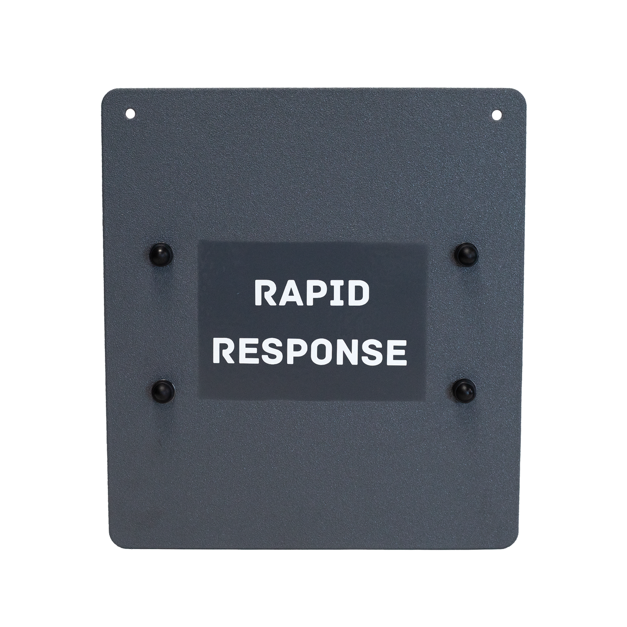 The Caliber Armor Rapid Response Shield - Ultra Series by Caliber Armor is a rectangular gray metal shield with rounded corners and a central black label displaying "RAPID RESPONSE" in bold white letters.