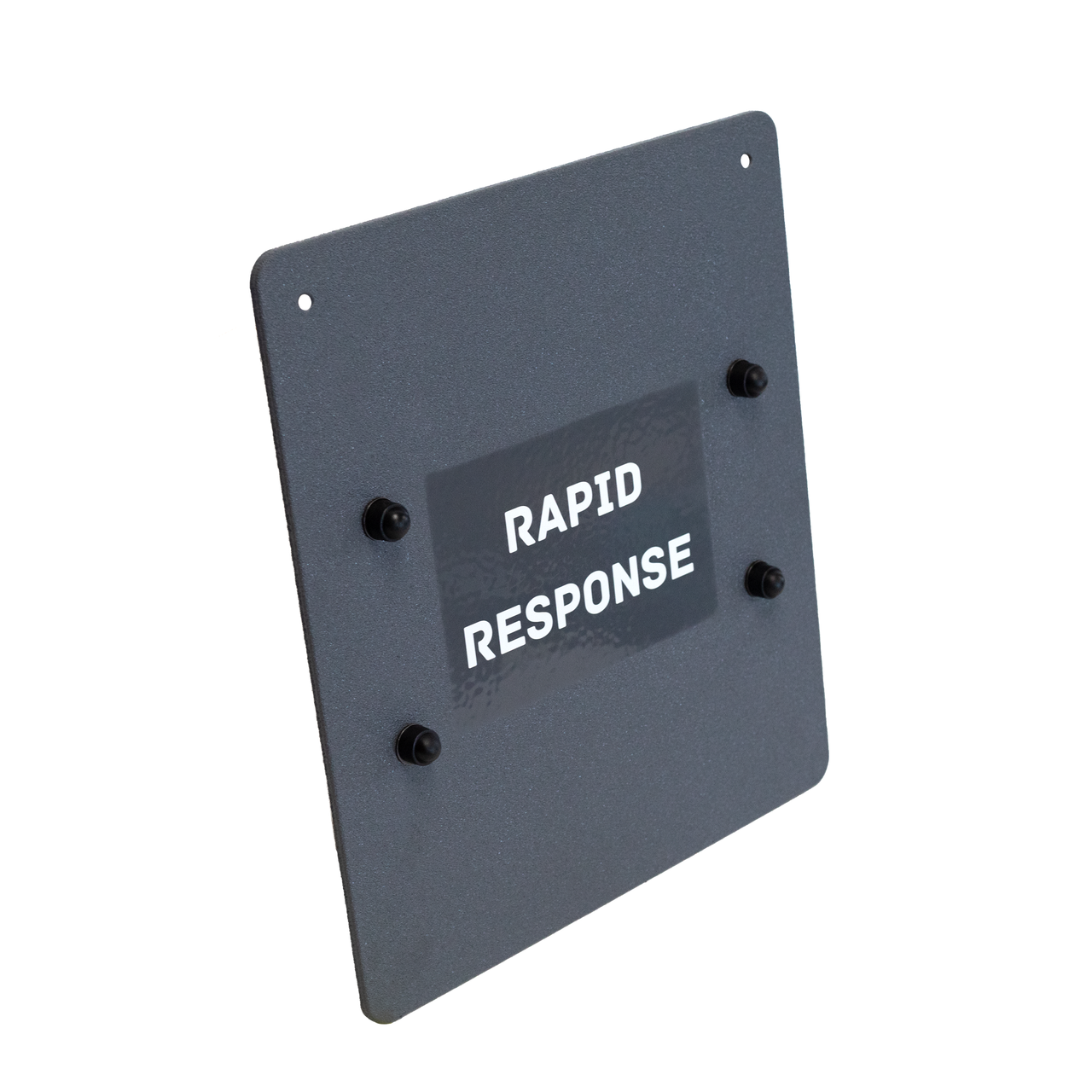 The Caliber Armor Rapid Response Shield - Ultra Series by Caliber Armor is a gray rectangular ballistic shield labeled "RAPID RESPONSE" in white, with four black bolts and two top corner holes for advanced protection.