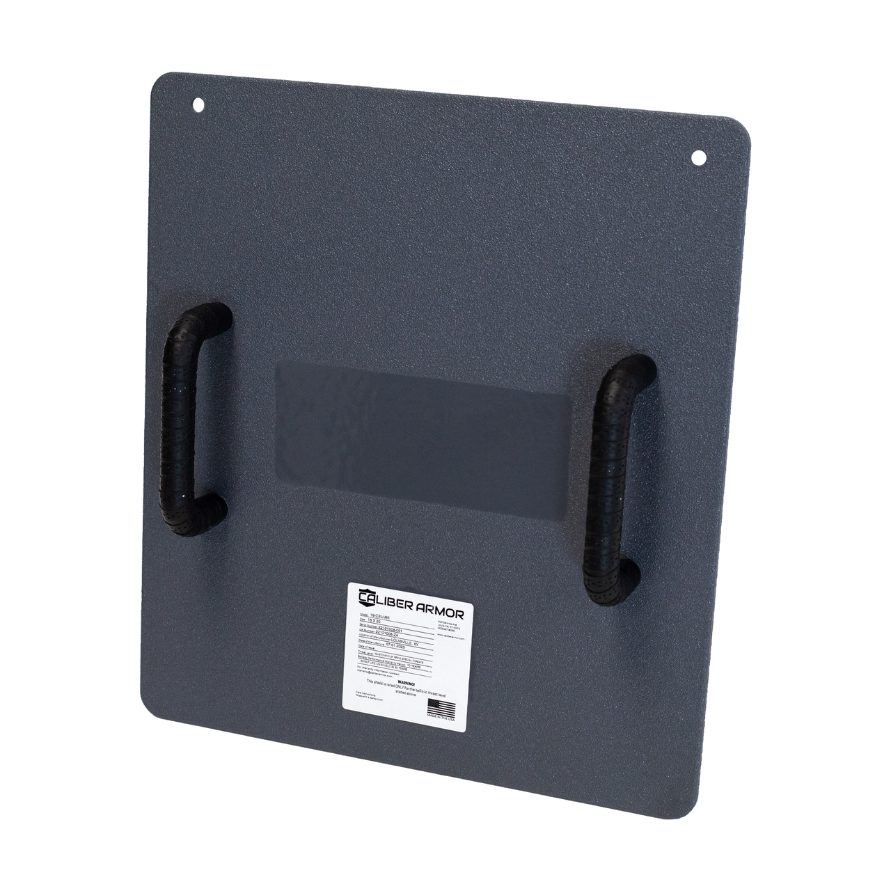The Caliber Armor Rapid Response Shield - Ultra Series by Caliber Armor is a square, gray ballistic shield with advanced protection, two black handles, and a manufacturer label on the back.