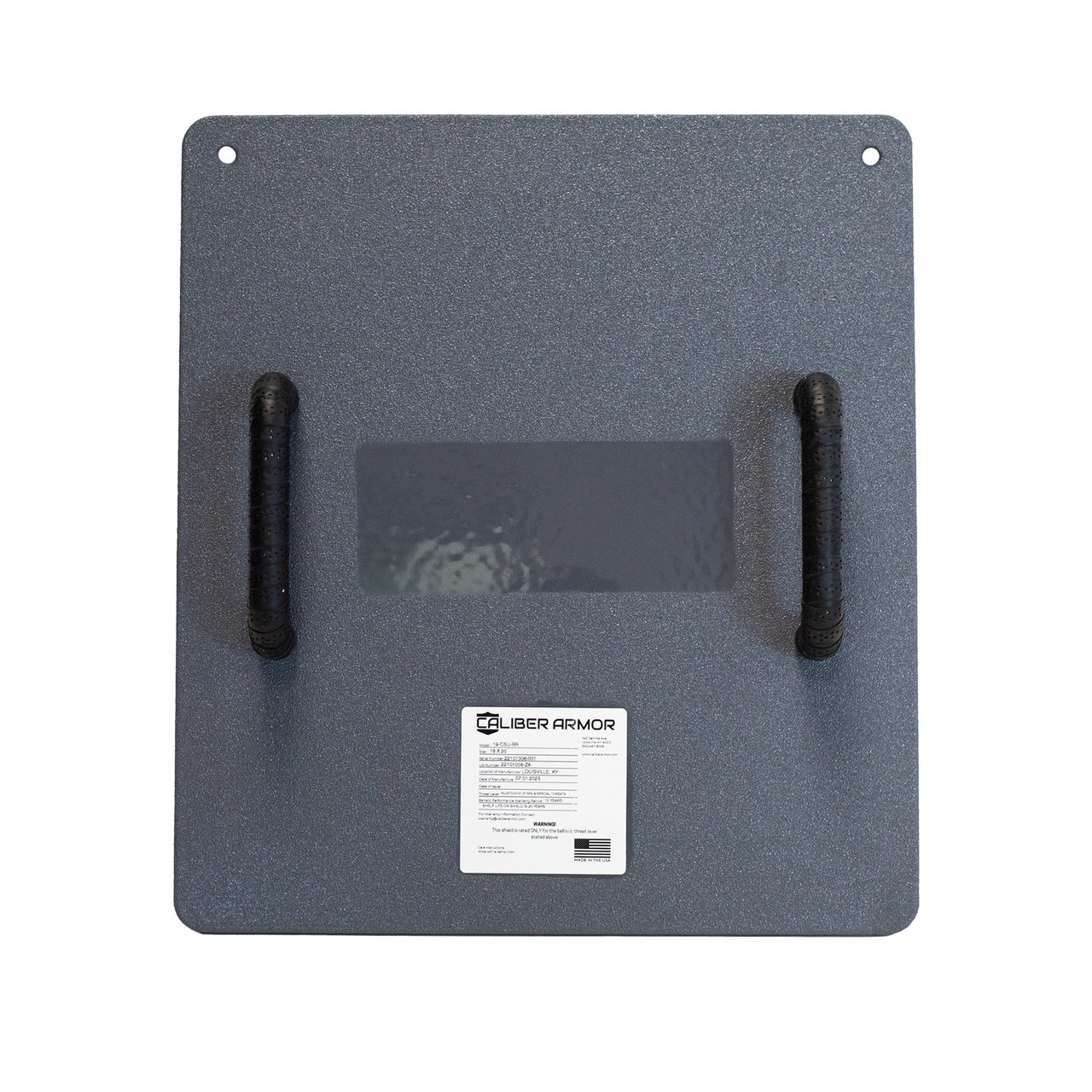 The Caliber Armor Rapid Response Shield - Ultra Series features advanced ballistic protection, two black handles, a rectangular viewing window, and "Caliber Armor" branding near the bottom center.