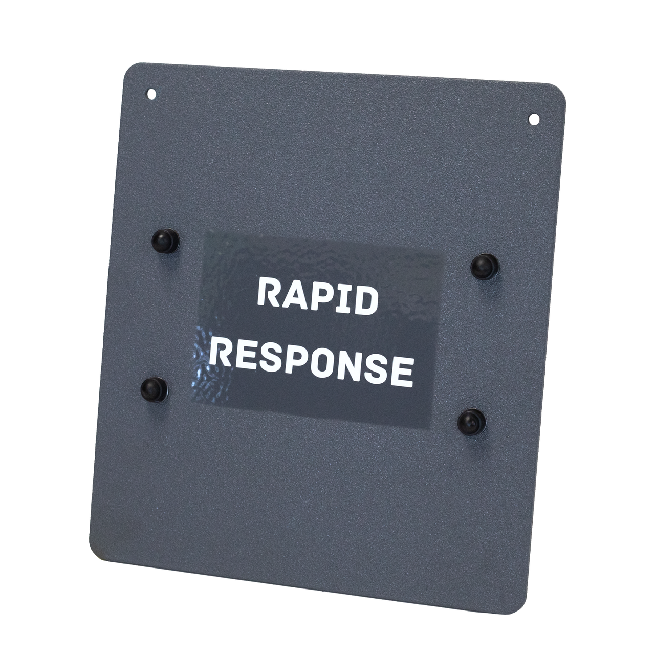 A gray metal Caliber Armor Rapid Response Shield - Ultra Series sign with four black pegs and "RAPID RESPONSE SHIELD" in white text, conveying advanced ballistic protection.