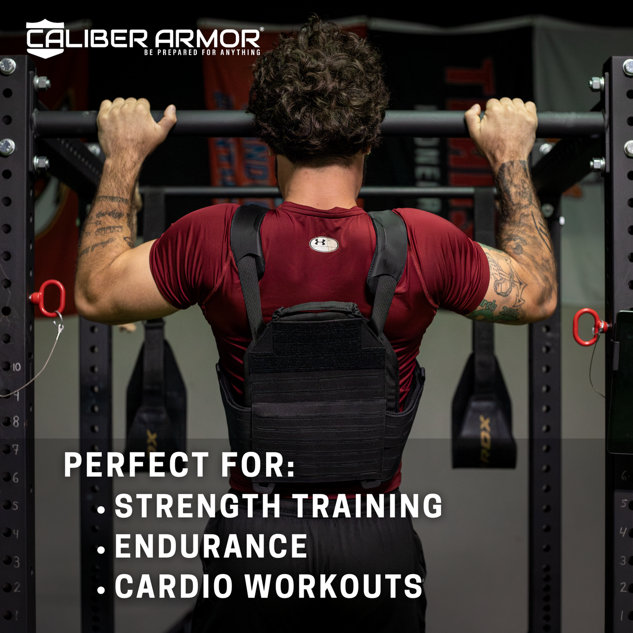 Person performing pull-ups with Caliber Armor recon vest that has weighted training plates installed in  a gym setting, graphic highlights the types of excercises that can be preformed with the weighted excercise plates