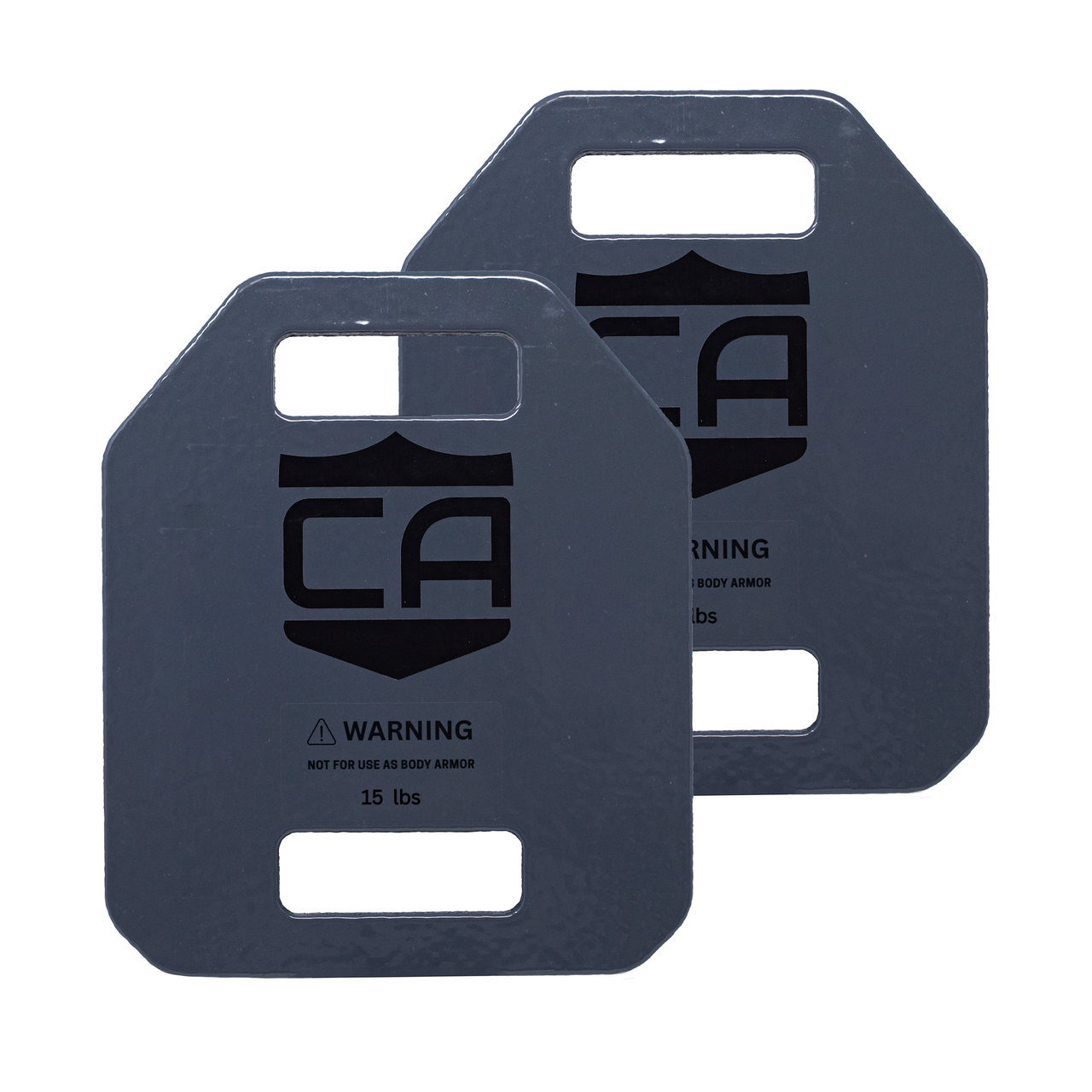 Caliber Armor Weighted Training Plates—sold in pairs with 5, 7.5, 10, or 15 lb options—feature cut-out handles and a warning: not for body armor use; perfect for weighted vests or adding resistance to workouts.